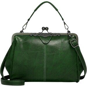 Women's Green Vegan Leather Kiss Lock Elegant Satchel Evening Crossbody Clutch